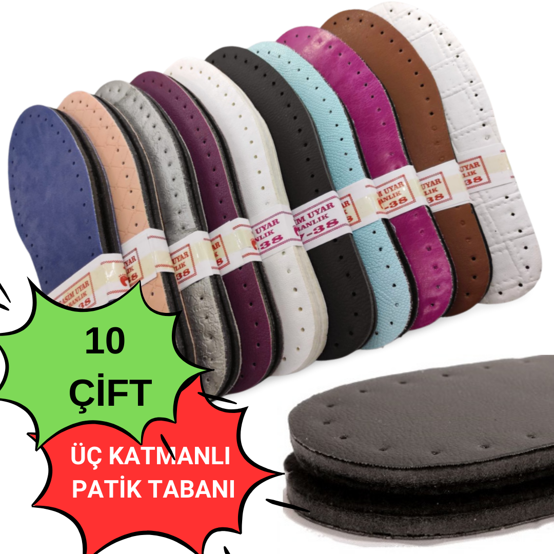 ÜÇ KATMANLI PATİK TABANI KARIŞIK RENK VE DESEN (10'LU PAKET) (suni deri+eva+keçe) 39-40