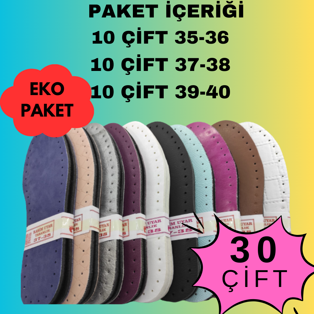 30 çift EKO PAKET ÜÇ KATMANLI PATİK TABANI KARIŞIK RENK DESEN (suni deri+eva+keçe)