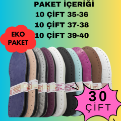 30 çift EKO PAKET ÜÇ KATMANLI PATİK TABANI KARIŞIK RENK DESEN (suni deri+eva+keçe)