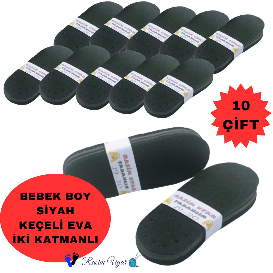 SİYAH KEÇE KAPLI EVA BEBEK-ÇOCUK  BOY PATİK TABANI (10 ÇİFT)