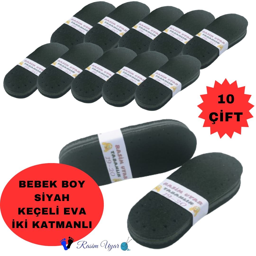 SİYAH KEÇE KAPLI EVA BEBEK-ÇOCUK  BOY PATİK TABANI (10 ÇİFT) 15-16
