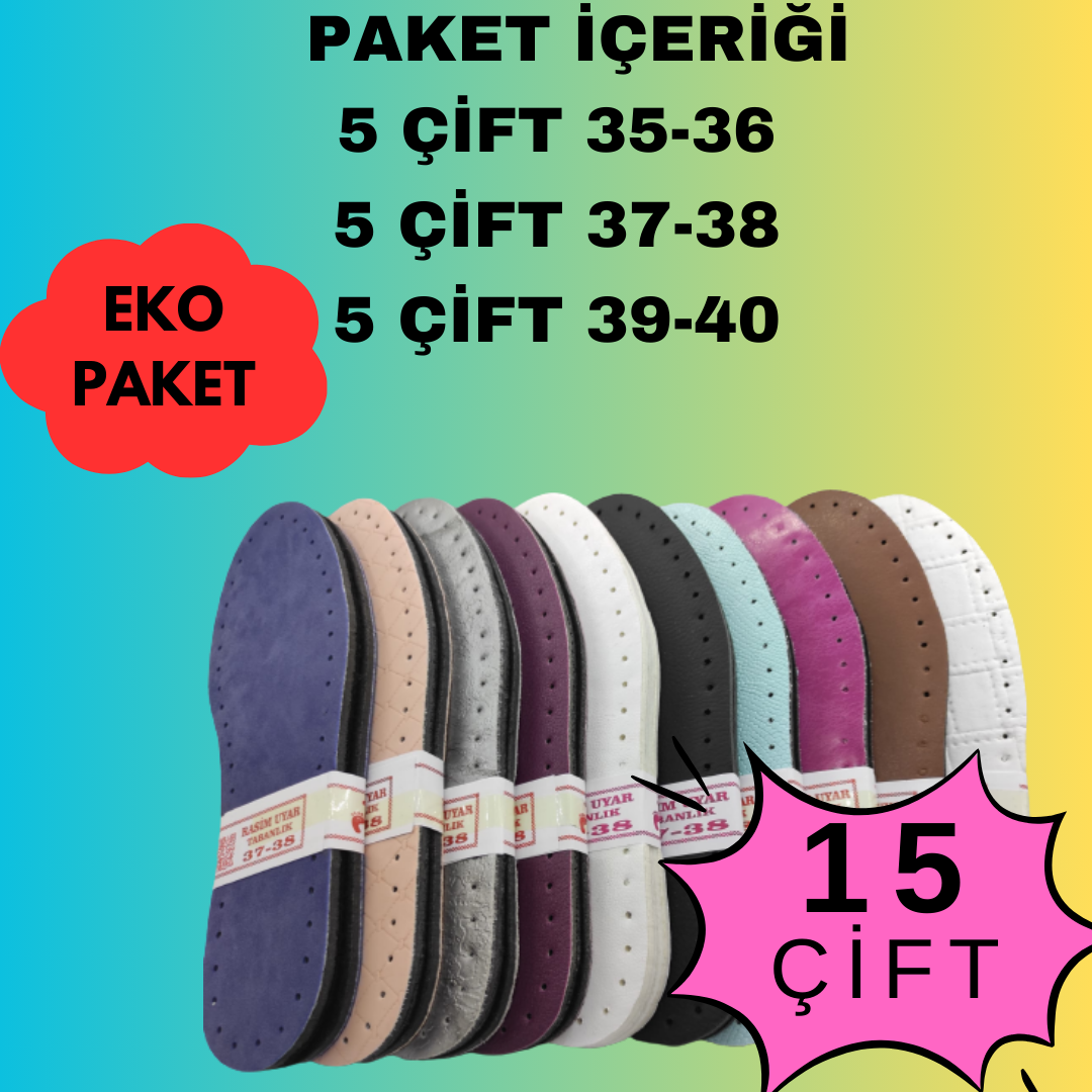 EKO PAKET ÜÇ KATMANLI PATİK TABANI KARIŞIK RENK DESEN(15 ÇİFT) (suni deri+eva+keçe)
